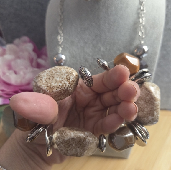 Silver, Gold, & Brown Necklace Jewelry Set - Picture 6 of 6